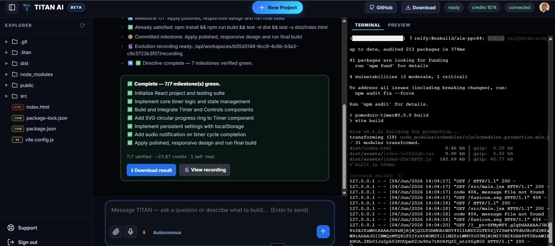 TITAN AI workspace — a completed project with all milestones green, live terminal build output, and file explorer